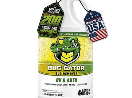 1 gallon bottle of Boats N' Roads Bug Gator professional-grade bug remover for RV and automotive front-end treatments, made in the USA.