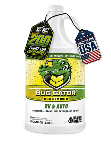 1 gallon bottle of Boats N' Roads Bug Gator professional-grade bug remover for RV and automotive front-end treatments, made in the USA.