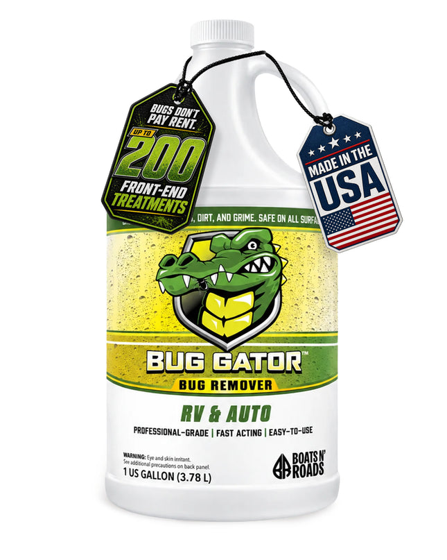 1 gallon bottle of Boats N' Roads Bug Gator professional-grade bug remover for RV and automotive front-end treatments, made in the USA.