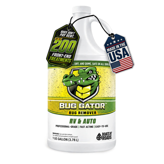 1 gallon bottle of Boats N' Roads Bug Gator professional-grade bug remover for RV and automotive front-end treatments, made in the USA.