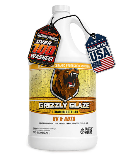 Boats N' Roads Grizzly Glaze 1 gallon ceramic detailer for RV and auto with Made in USA tag.