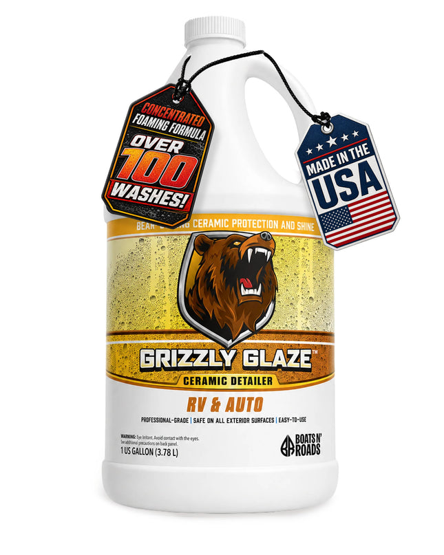 Boats N' Roads Grizzly Glaze 1 gallon ceramic detailer for RV and auto with Made in USA tag.