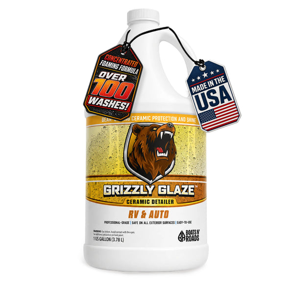 Boats N' Roads Grizzly Glaze 1 gallon ceramic detailer for RV and auto with Made in USA tag.