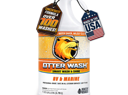 1 gallon bottle of Boats N' Roads Otter Wash concentrated rinseless RV and marine wash, offering over 100 washes and made in the USA.