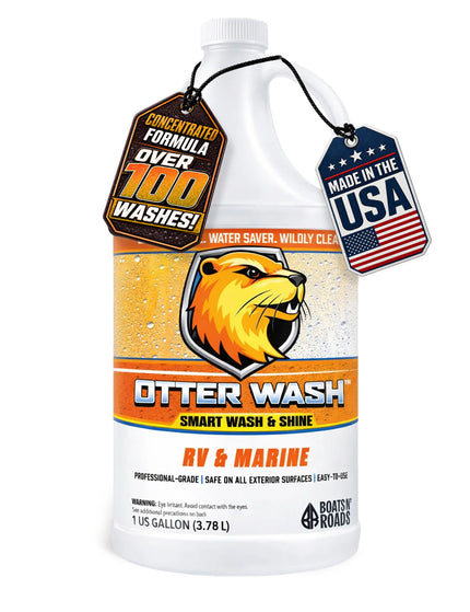 1 gallon bottle of Boats N' Roads Otter Wash concentrated rinseless RV and marine wash, offering over 100 washes and made in the USA.